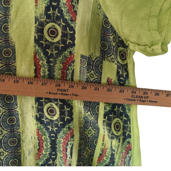 Made in Italy 100% Linen Patchwork Print Duster Dress Green Artsy Boho Oversized - Picture 6 of 10